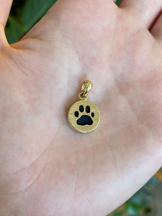 Vintage Solid 9k Yellow Gold Black Stone Paw Print Charm