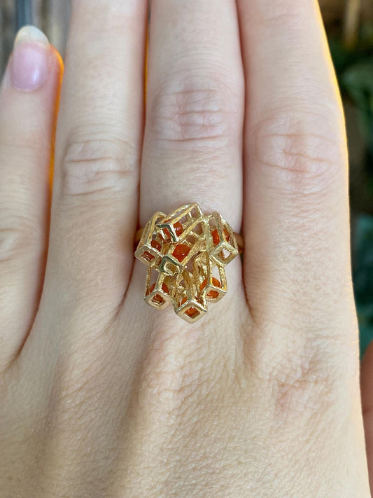 Vintage Solid 14k Yellow Gold Orange Carnelian Bead Fidget Cubist Ring - Size 6.75