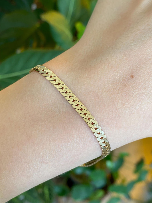 Vintage Solid 14k Yellow Gold Chunky Flat Curb Chain Bracelet - 7 Inches