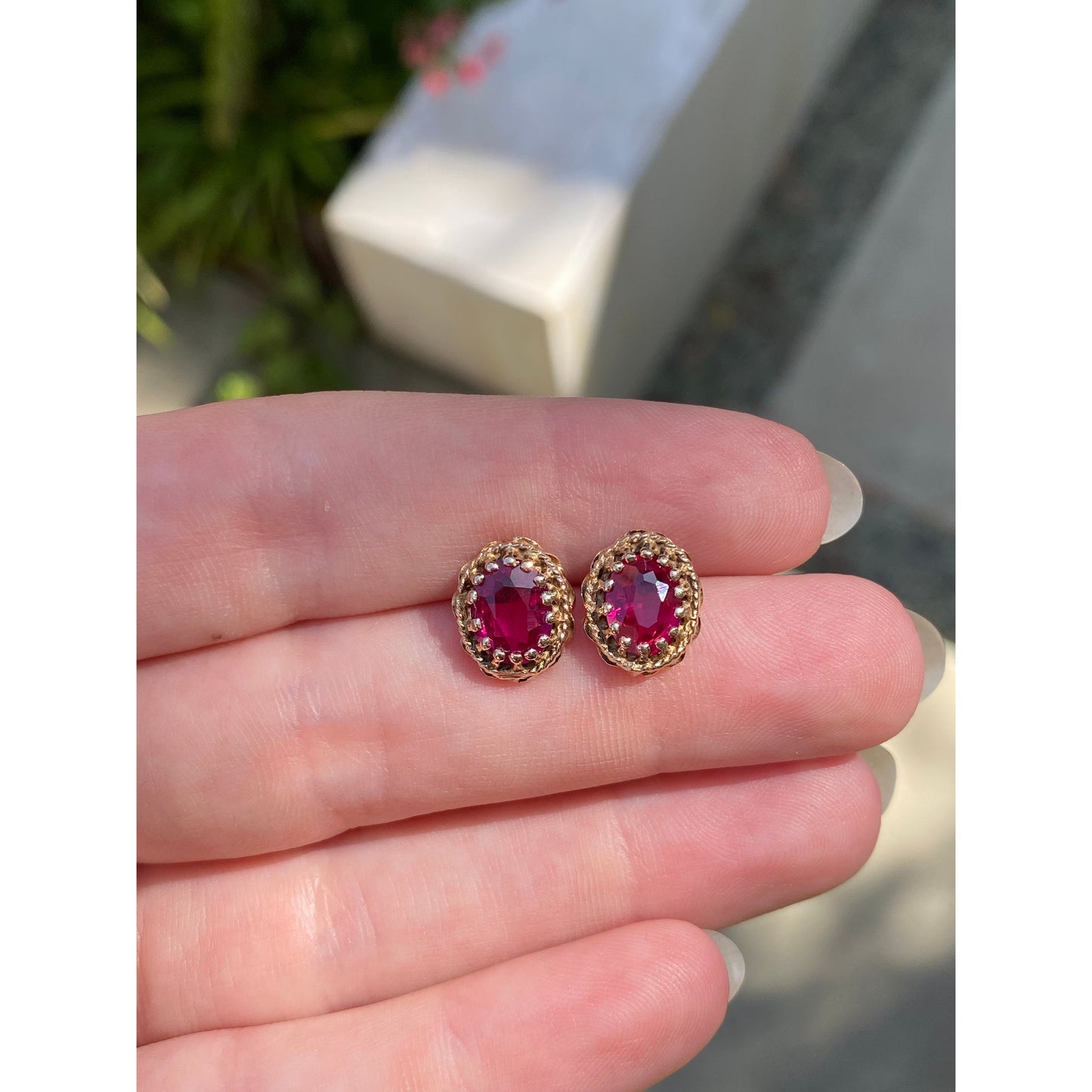 Vintage Solid 14k Yellow Gold Pink Sapphire Stud Earrings