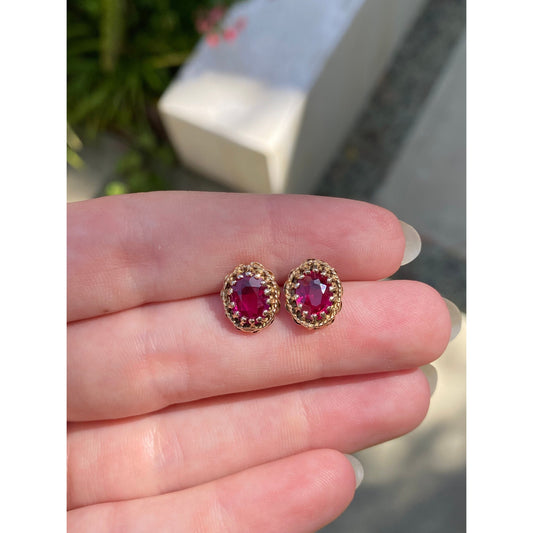 Vintage Solid 14k Yellow Gold Pink Sapphire Stud Earrings