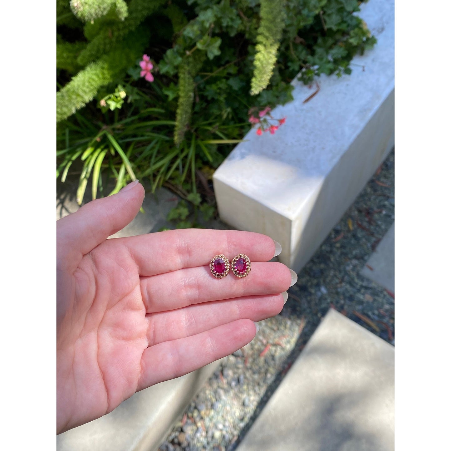 Vintage Solid 14k Yellow Gold Pink Sapphire Stud Earrings