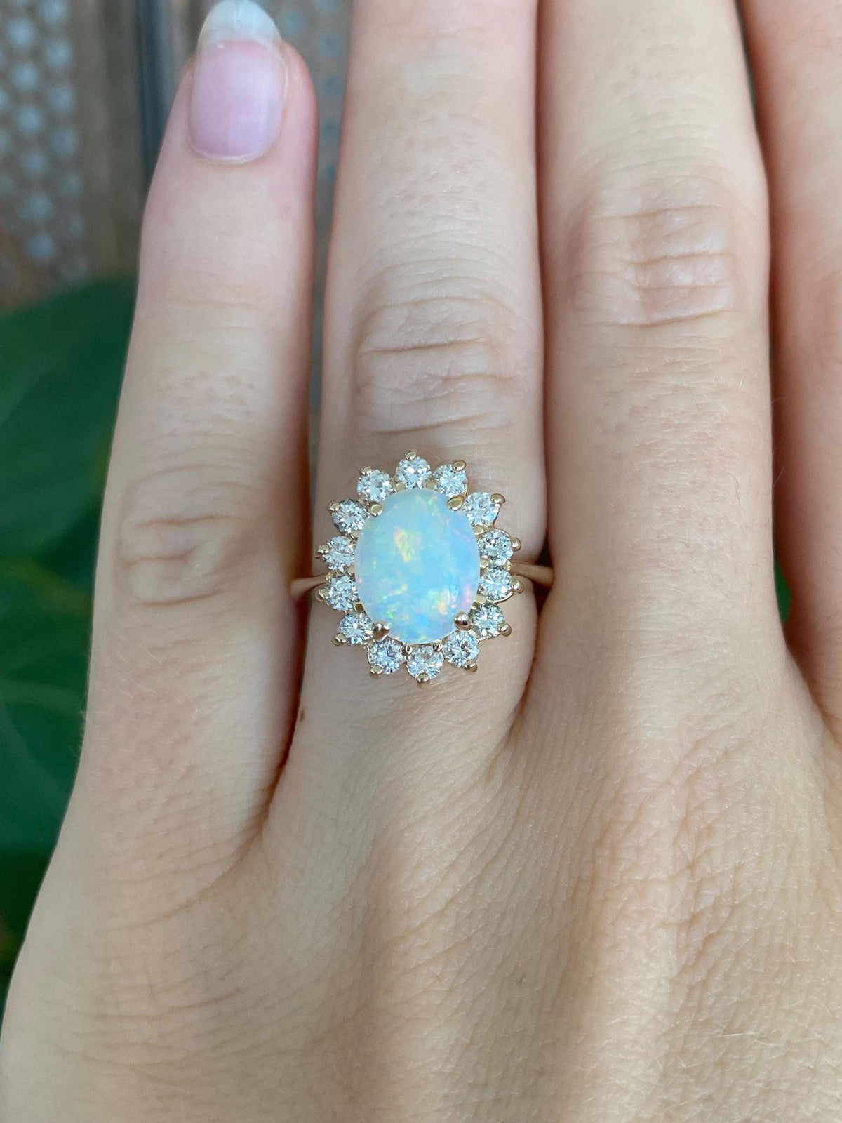 Vintage Solid 14k Yellow Gold Diamond Halo Opal Ring - Size 6