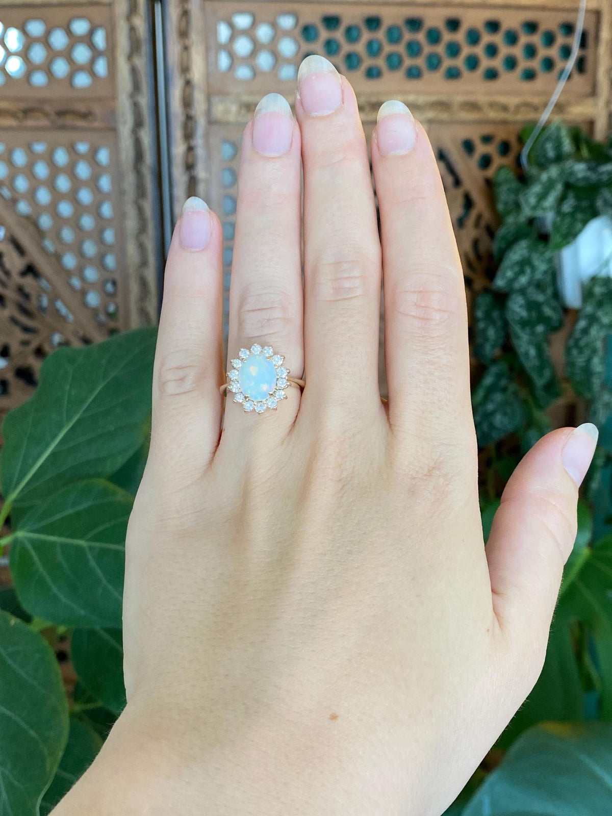 Vintage Solid 14k Yellow Gold Diamond Halo Opal Ring - Size 6
