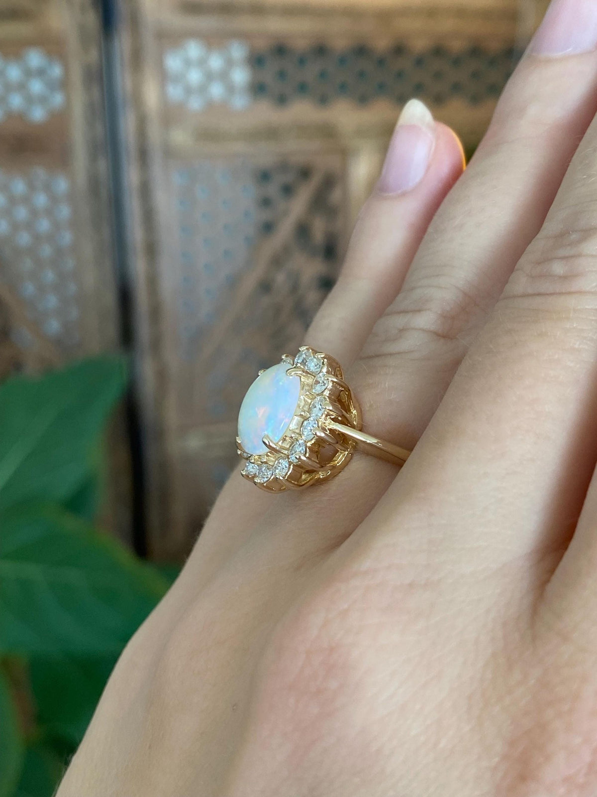 Vintage Solid 14k Yellow Gold Diamond Halo Opal Ring - Size 6