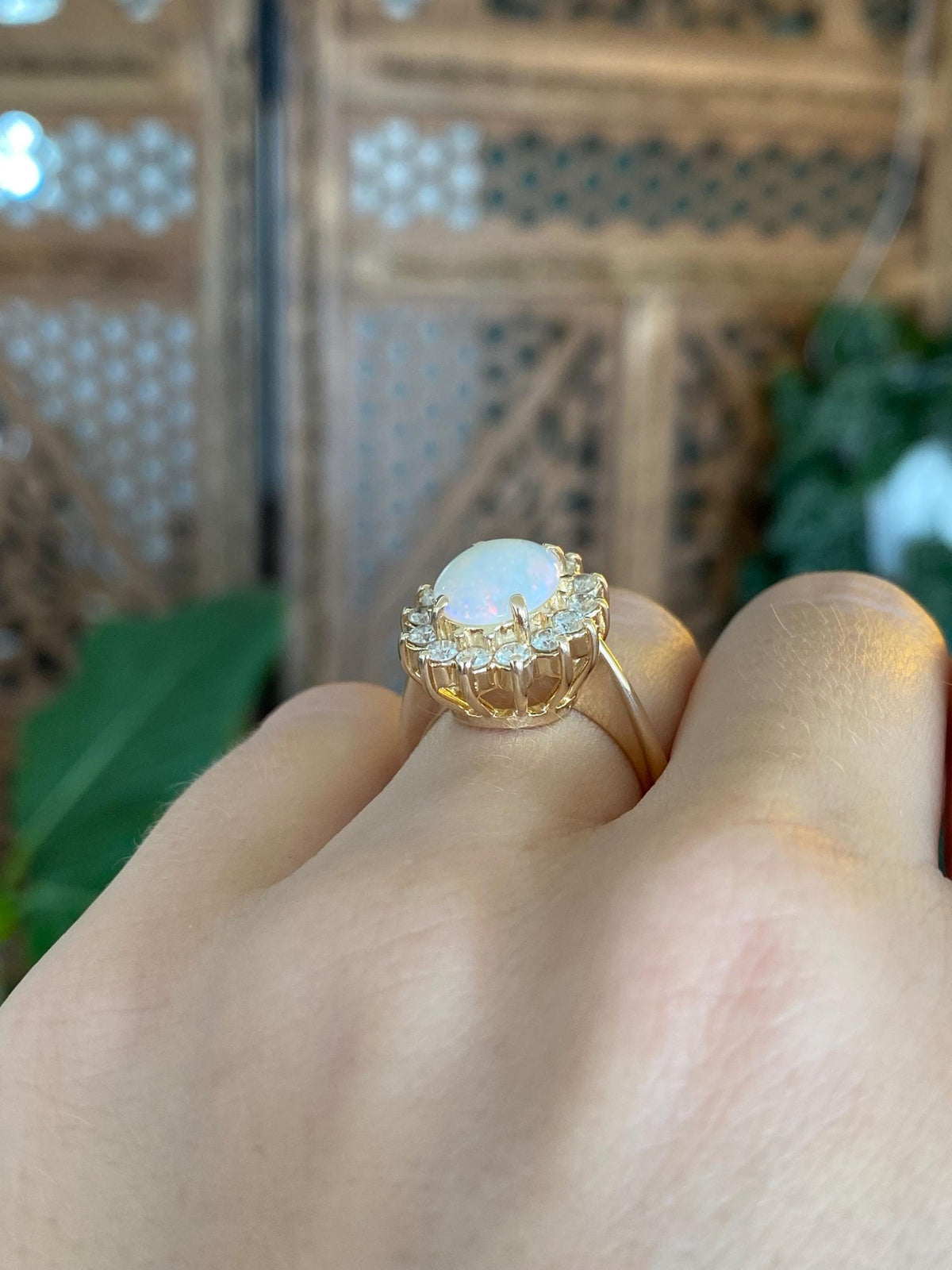 Vintage Solid 14k Yellow Gold Diamond Halo Opal Ring - Size 6