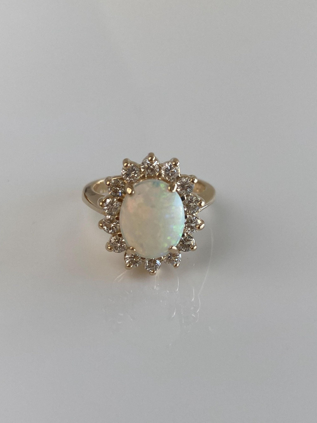 Vintage Solid 14k Yellow Gold Diamond Halo Opal Ring - Size 6