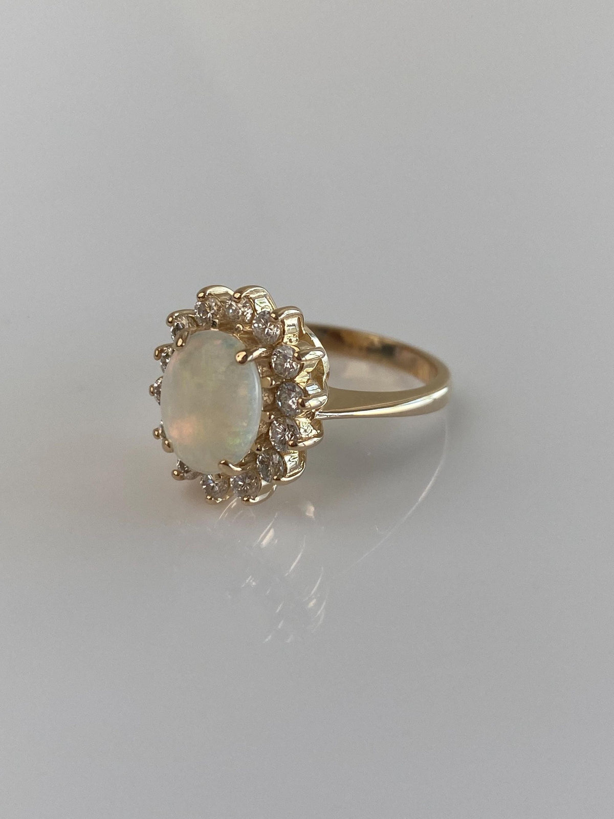 Vintage Solid 14k Yellow Gold Diamond Halo Opal Ring - Size 6