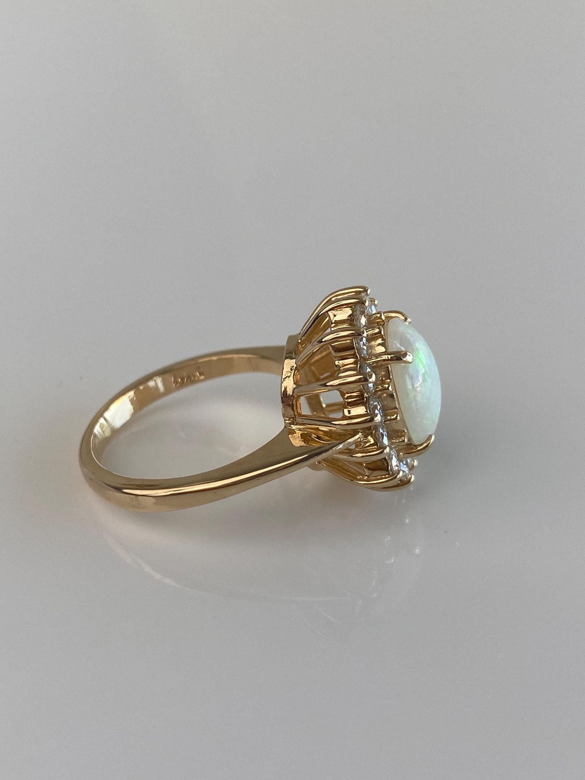 Vintage Solid 14k Yellow Gold Diamond Halo Opal Ring - Size 6