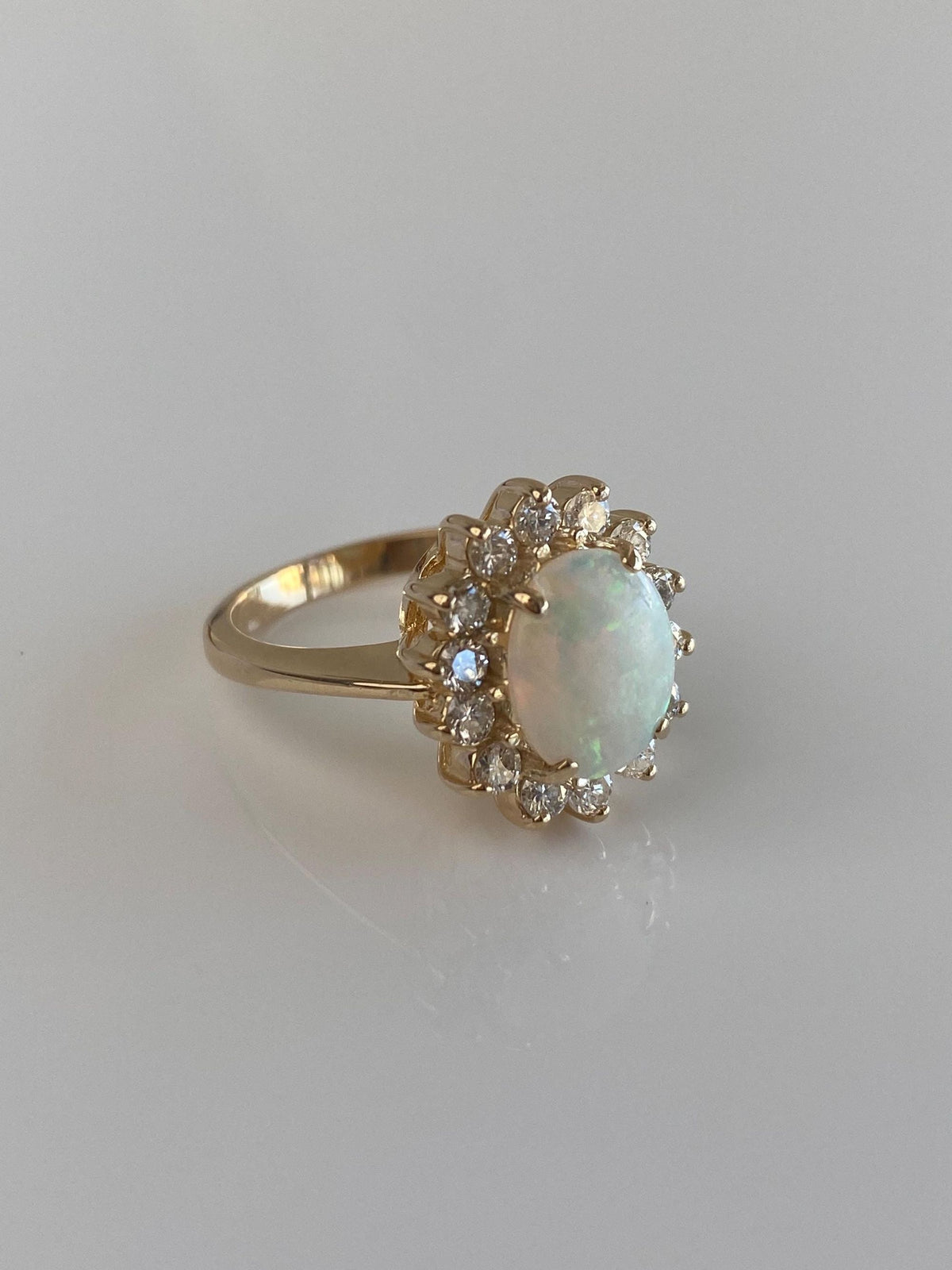 Vintage Solid 14k Yellow Gold Diamond Halo Opal Ring - Size 6