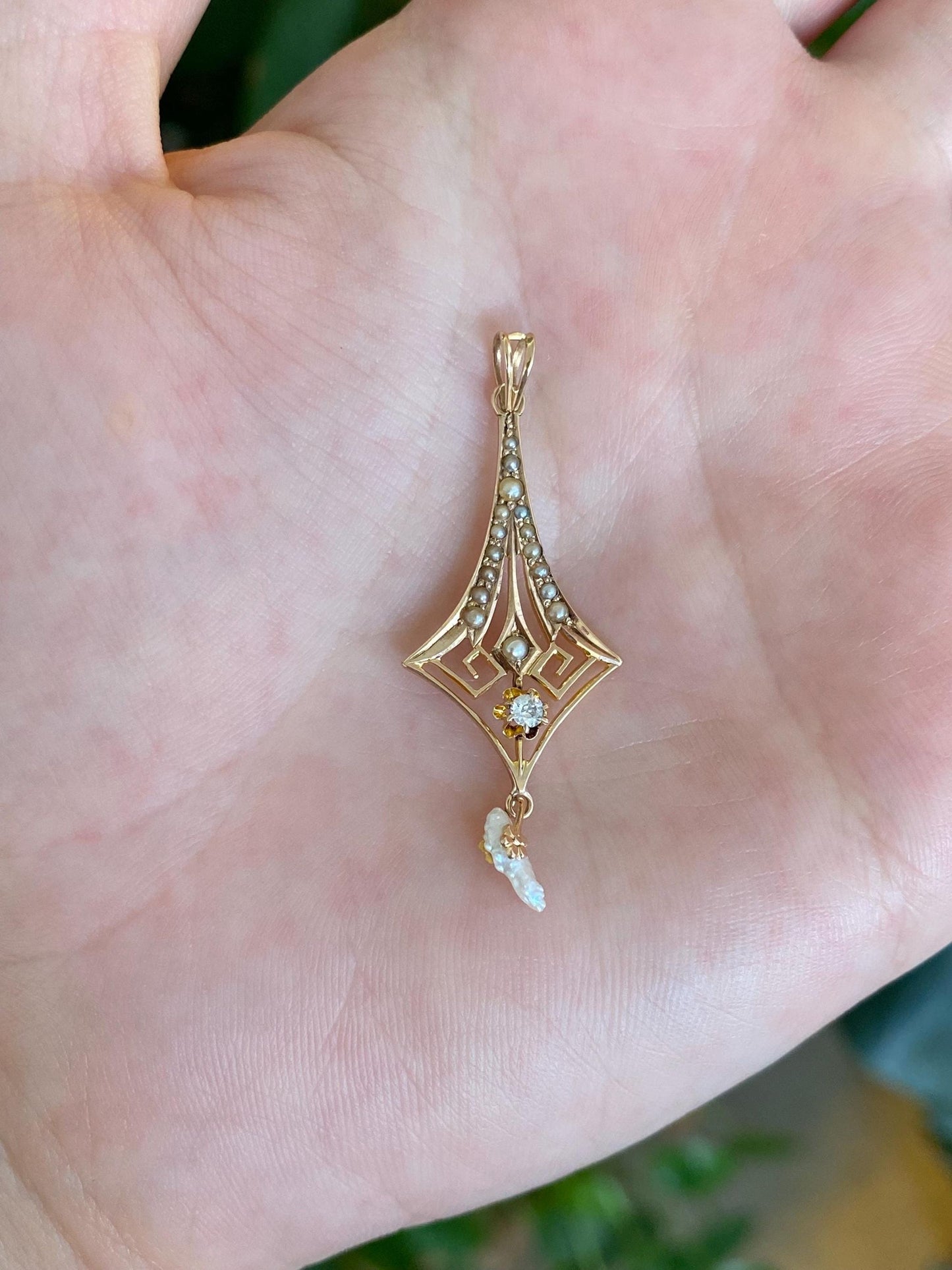 Solid 9k Yellow Gold Diamond Seed Pearls Freeform Pearl Charm