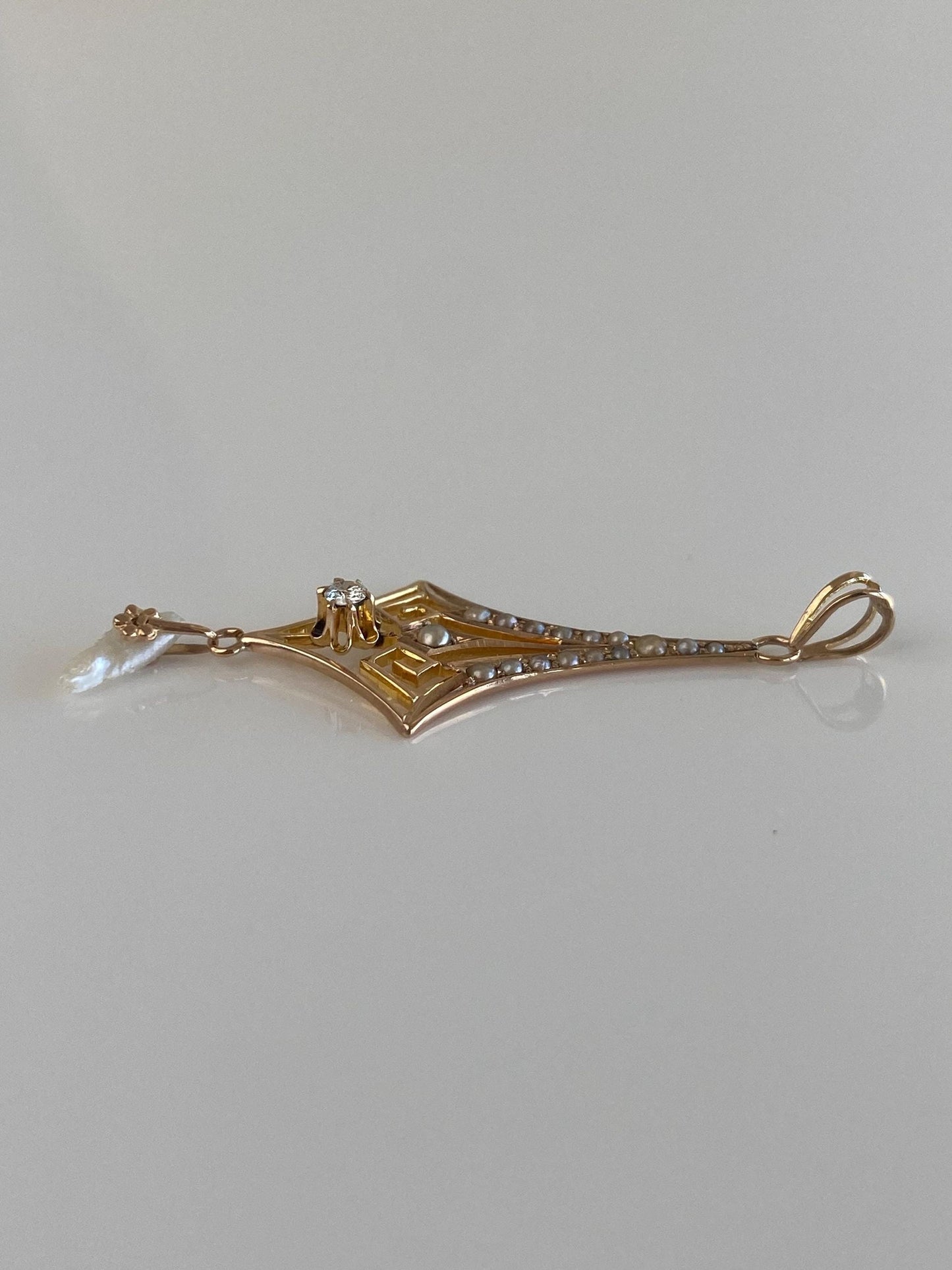 Solid 9k Yellow Gold Diamond Seed Pearls Freeform Pearl Charm