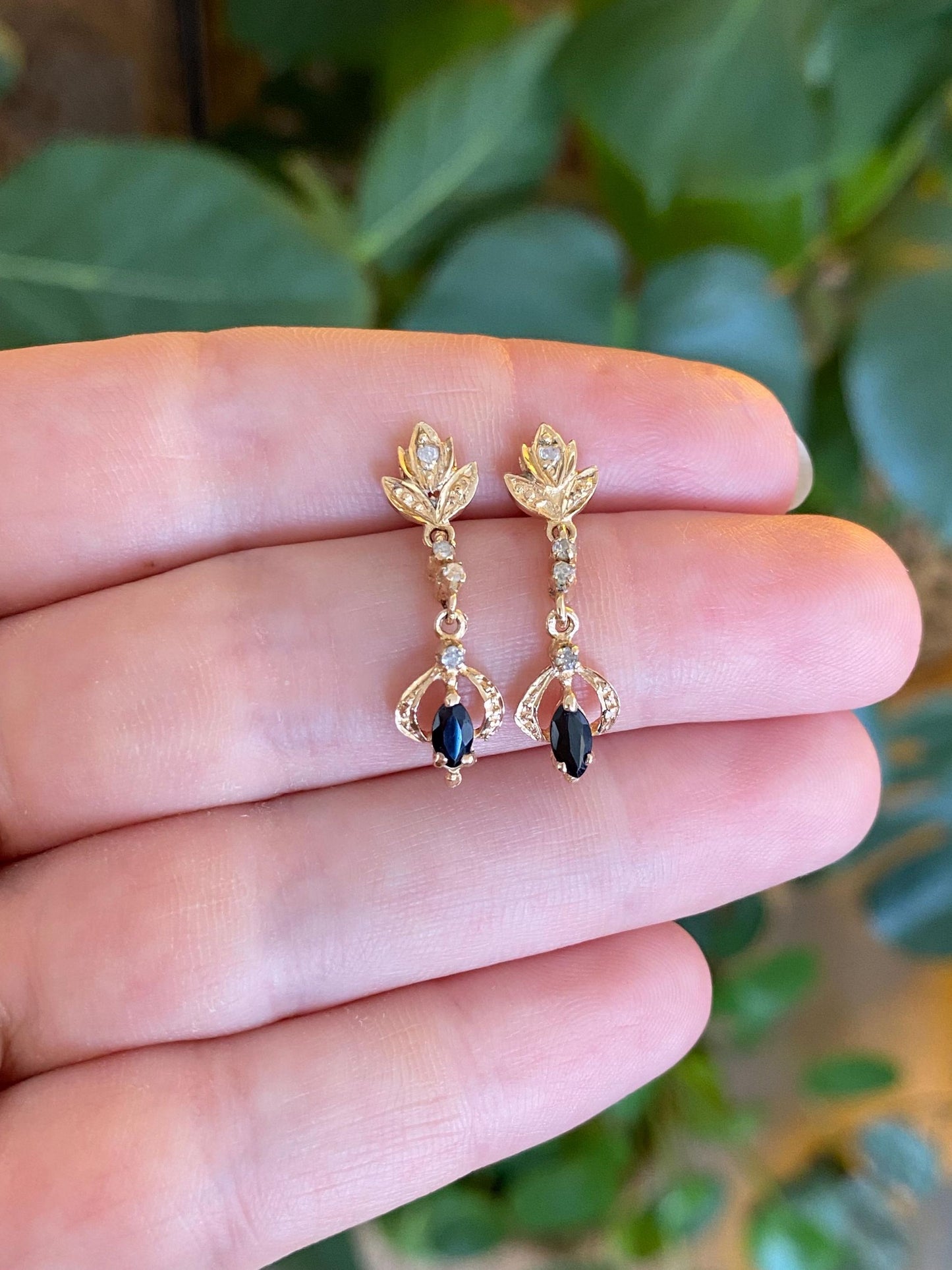 Vintage Solid 12k Yellow Gold Diamond Blue Sapphire Ornate Dangle Studs