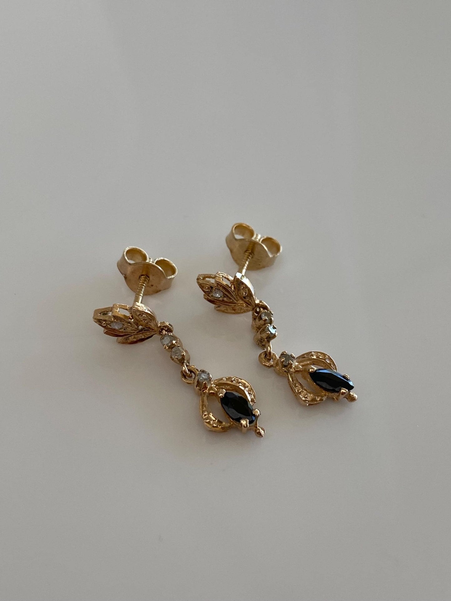 Vintage Solid 12k Yellow Gold Diamond Blue Sapphire Ornate Dangle Studs