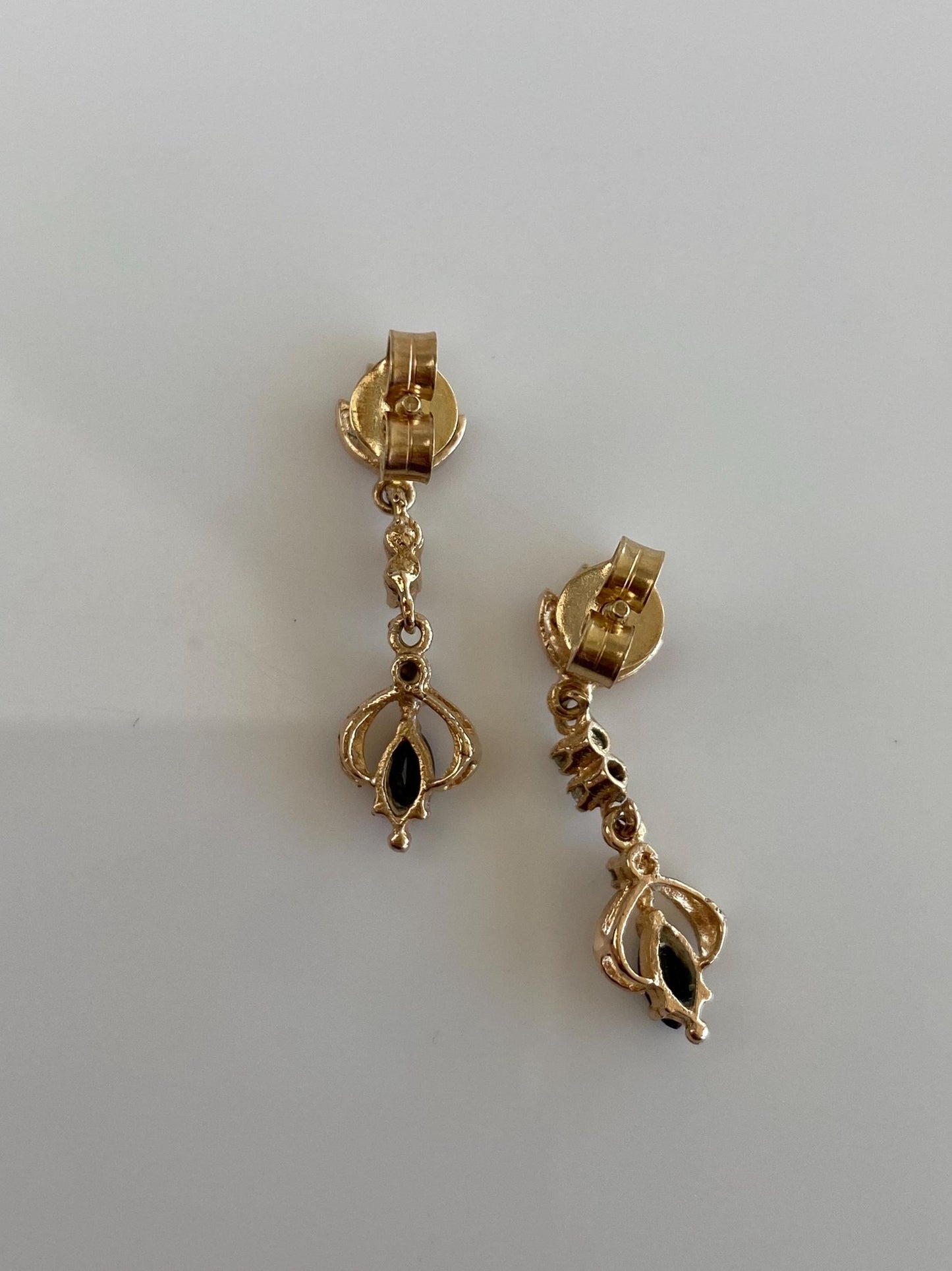 Vintage Solid 12k Yellow Gold Diamond Blue Sapphire Ornate Dangle Studs
