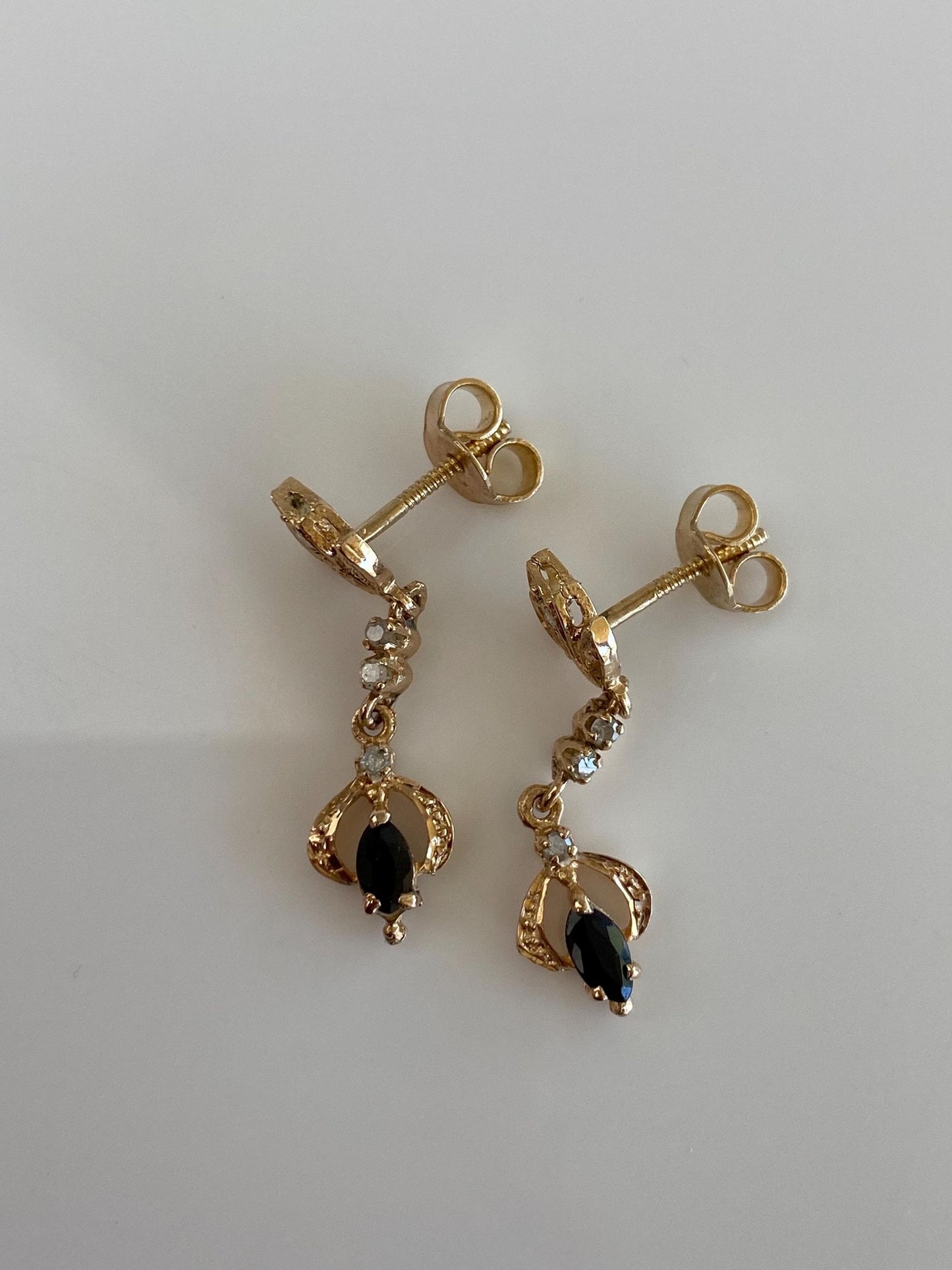 Vintage Solid 12k Yellow Gold Diamond Blue Sapphire Ornate Dangle Studs
