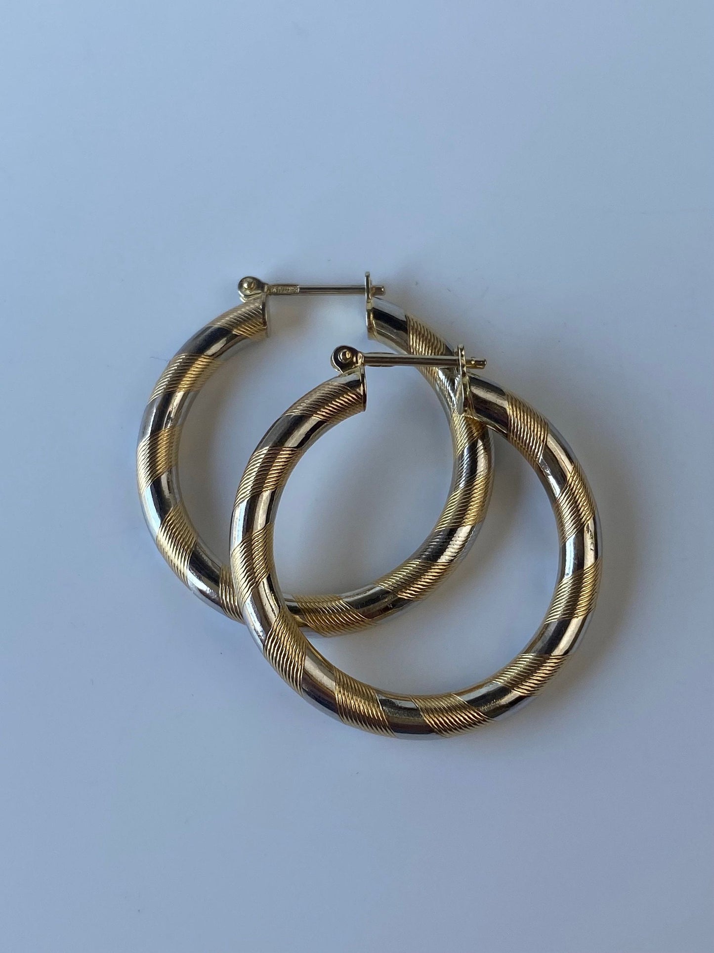 Vintage Solid 14k White & Yellow Gold Striped Hoop Earrings