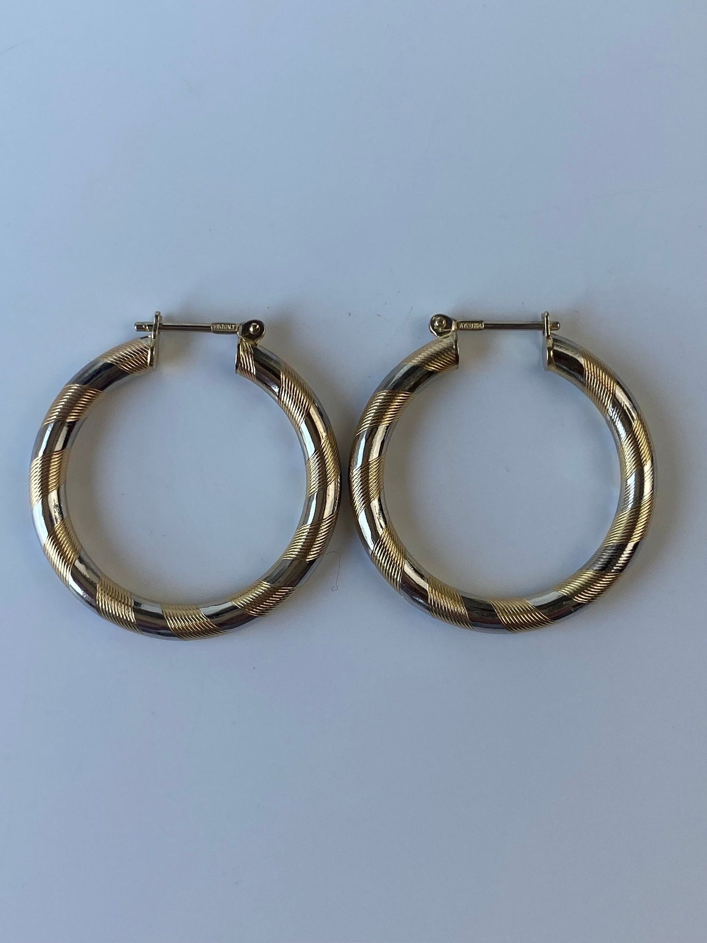 Vintage Solid 14k White & Yellow Gold Striped Hoop Earrings