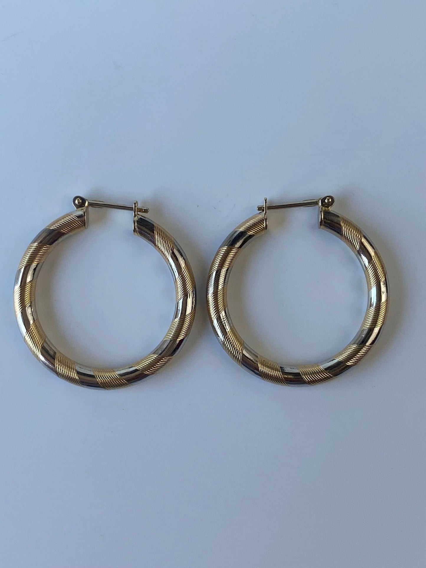 Vintage Solid 14k White & Yellow Gold Striped Hoop Earrings