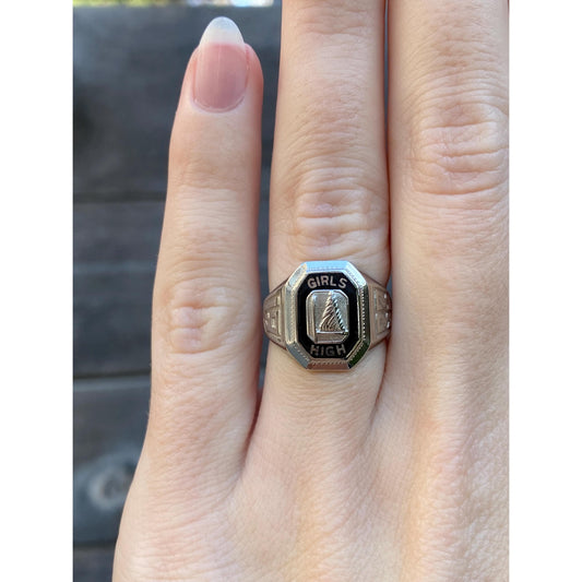 Vintage Solid 10k White Gold Black Onyx 'Girls High' 1933 Class Ring - Size 5.25