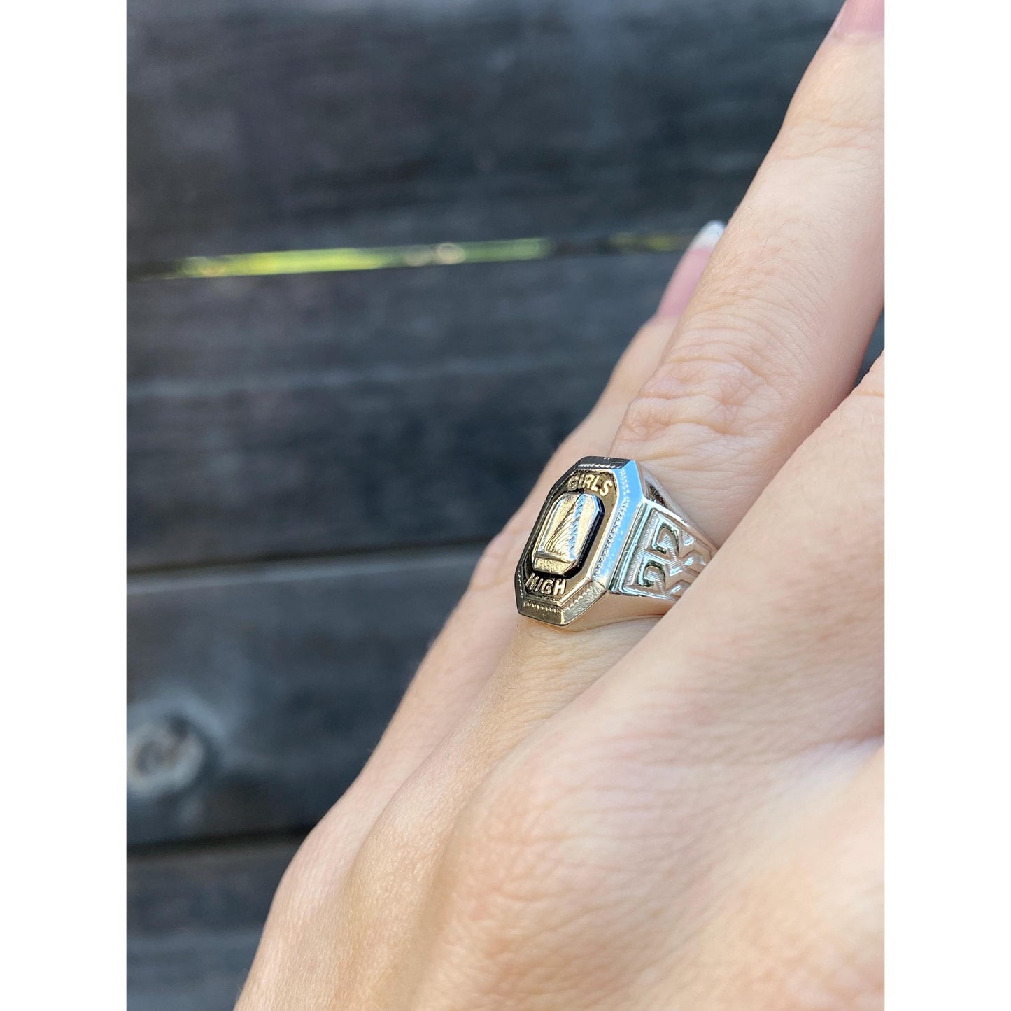 Vintage Solid 10k White Gold Black Onyx 'Girls High' 1933 Class Ring - Size 5.25