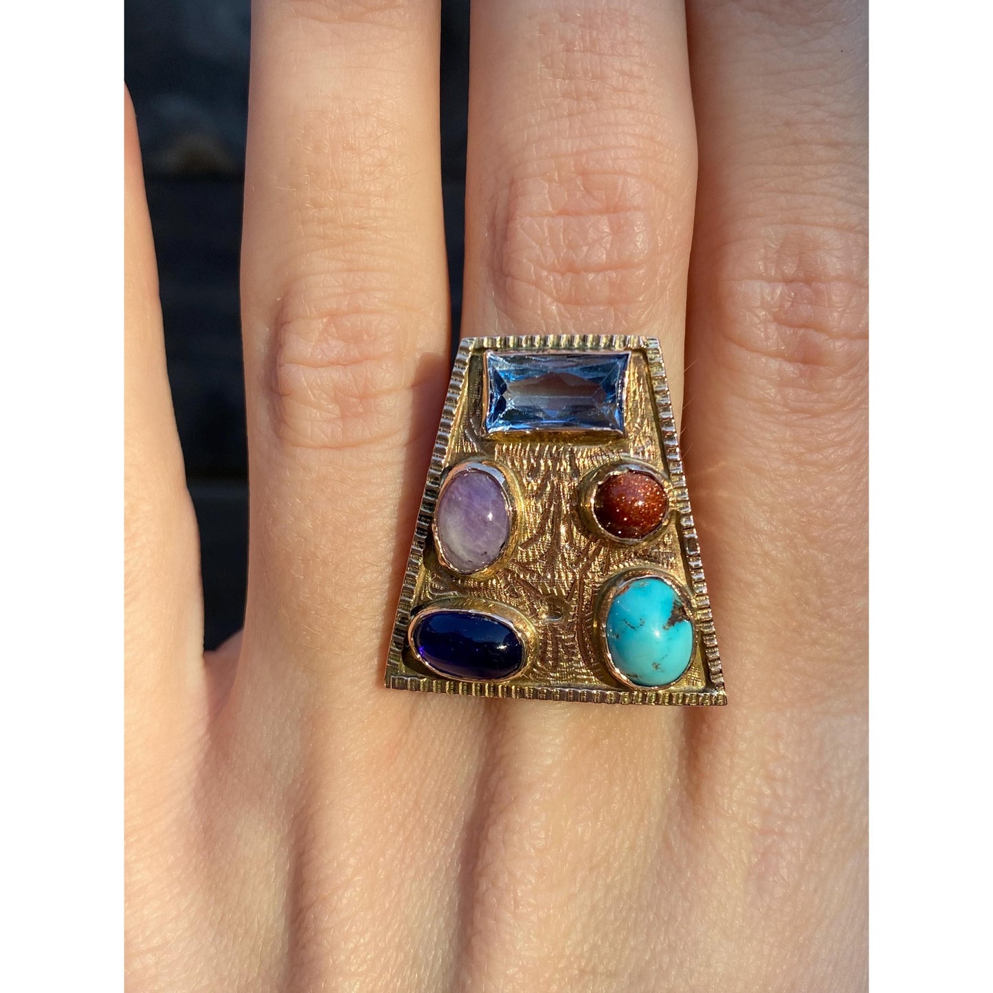 Solid 14k Rosey Gold Turquoise Goldstone Light Blue Spinel Amethyst Blue Cubic Zirconia Ring - Size 4.75