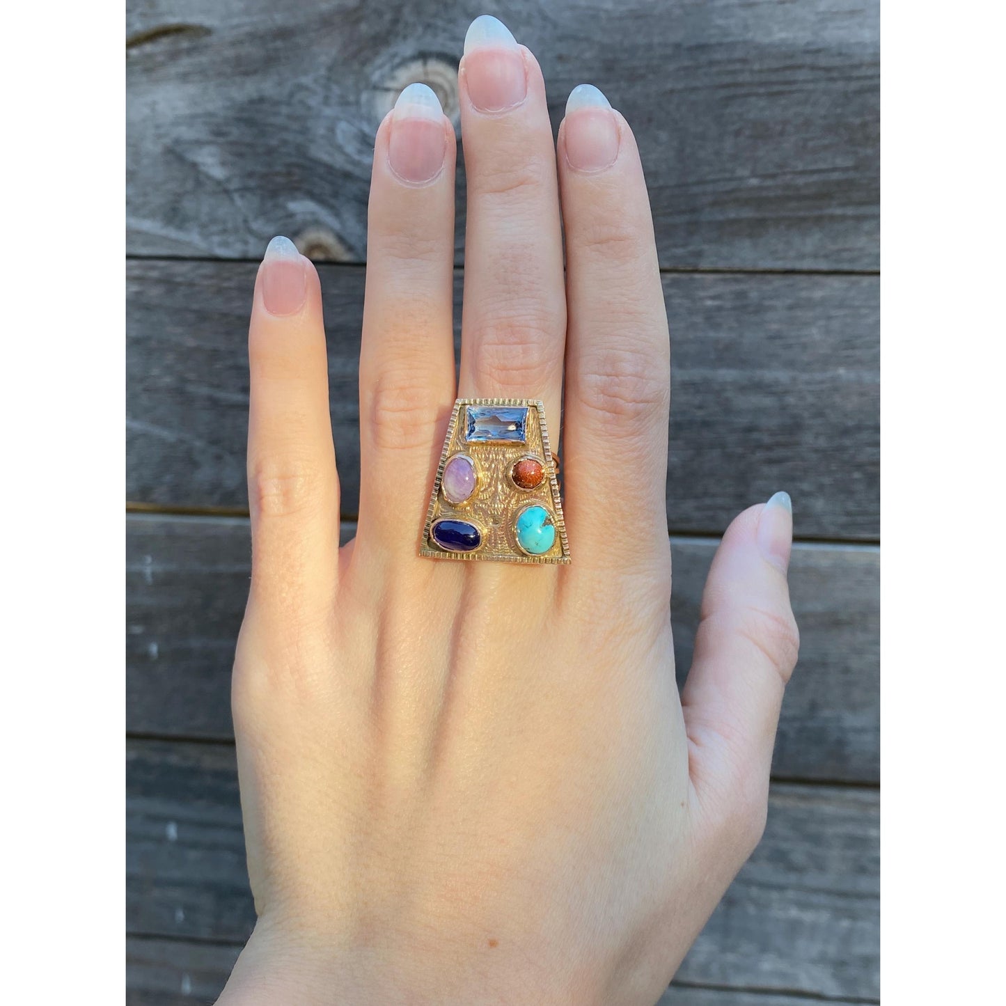 Solid 14k Rosey Gold Turquoise Goldstone Light Blue Spinel Amethyst Blue Cubic Zirconia Ring - Size 4.75