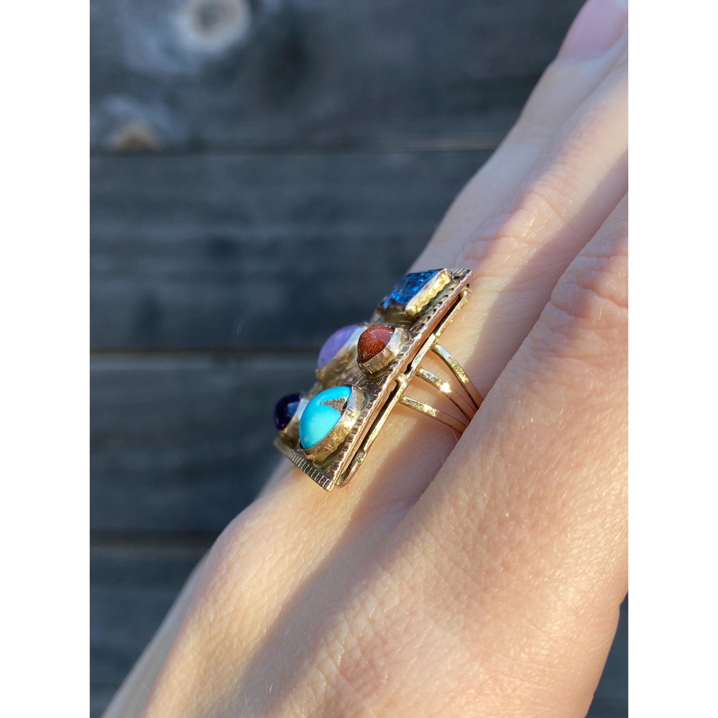 Solid 14k Rosey Gold Turquoise Goldstone Light Blue Spinel Amethyst Blue Cubic Zirconia Ring - Size 4.75