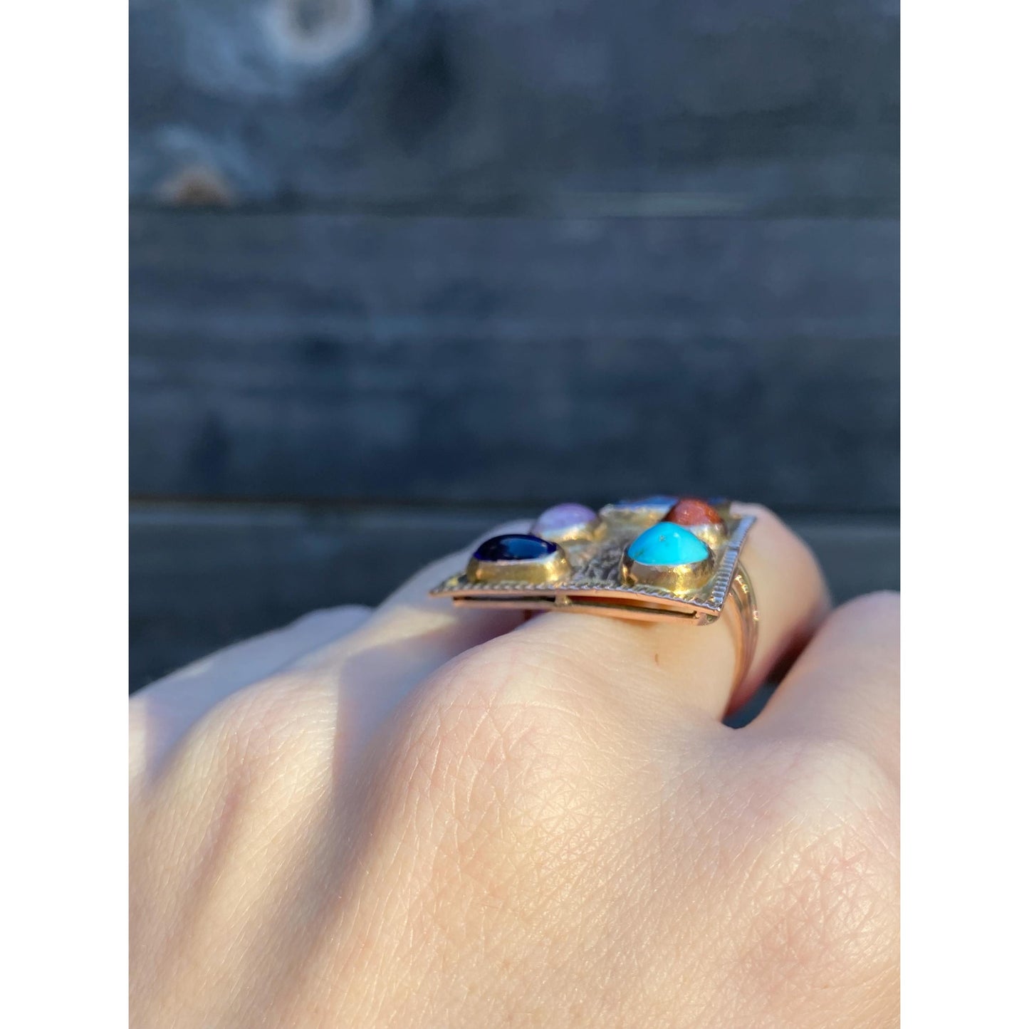 Solid 14k Rosey Gold Turquoise Goldstone Light Blue Spinel Amethyst Blue Cubic Zirconia Ring - Size 4.75