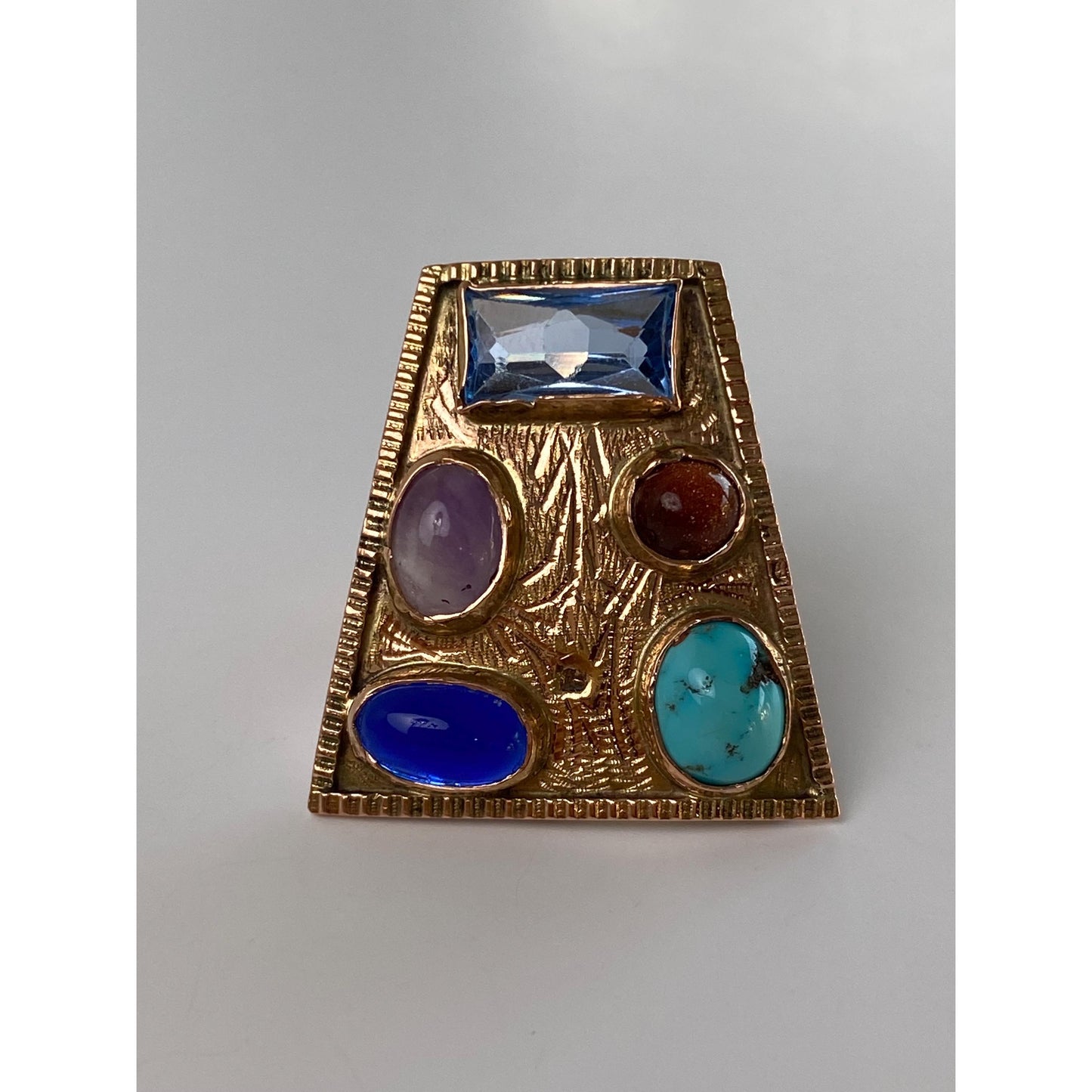 Solid 14k Rosey Gold Turquoise Goldstone Light Blue Spinel Amethyst Blue Cubic Zirconia Ring - Size 4.75