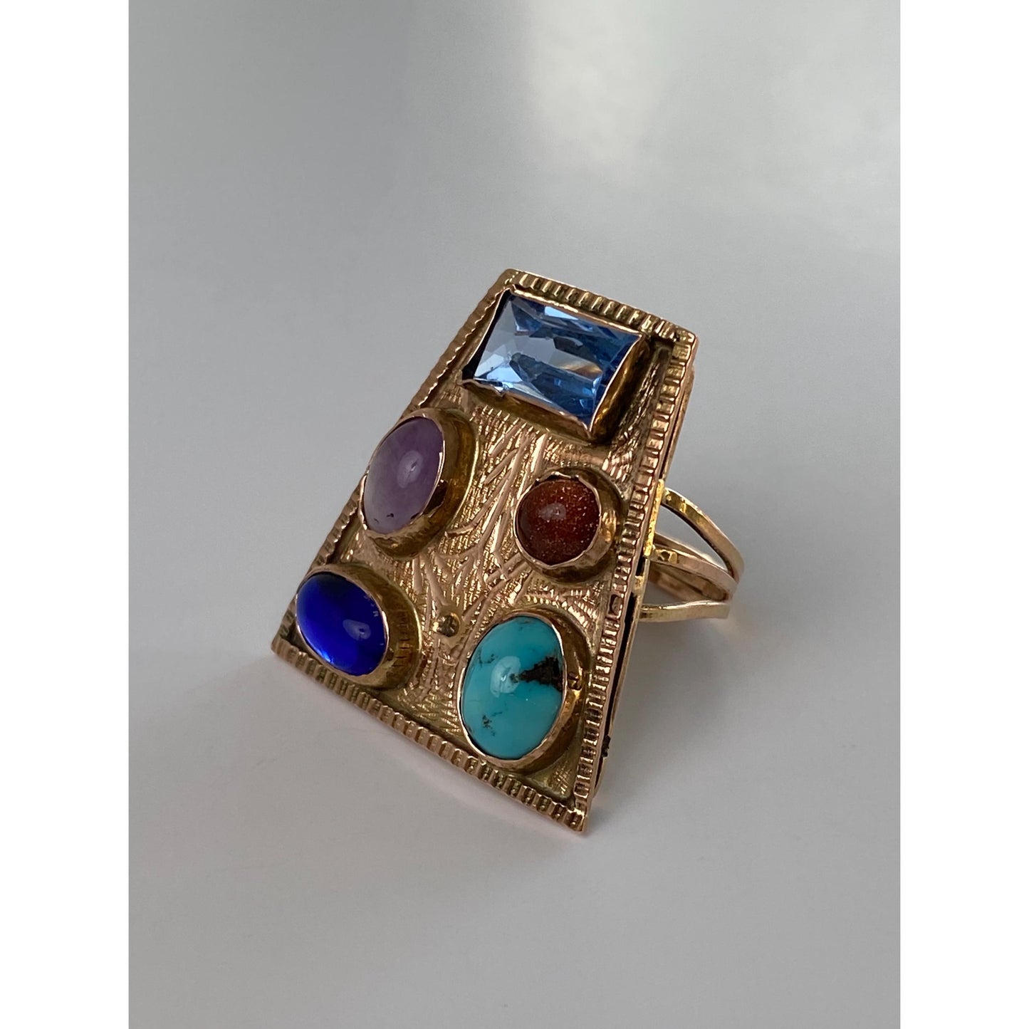 Solid 14k Rosey Gold Turquoise Goldstone Light Blue Spinel Amethyst Blue Cubic Zirconia Ring - Size 4.75