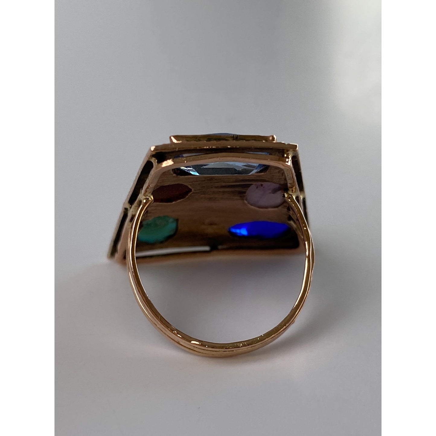 Solid 14k Rosey Gold Turquoise Goldstone Light Blue Spinel Amethyst Blue Cubic Zirconia Ring - Size 4.75