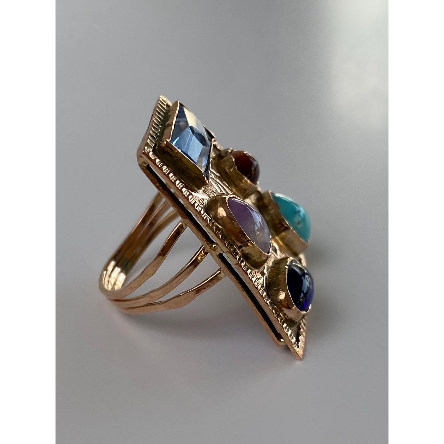 Solid 14k Rosey Gold Turquoise Goldstone Light Blue Spinel Amethyst Blue Cubic Zirconia Ring - Size 4.75