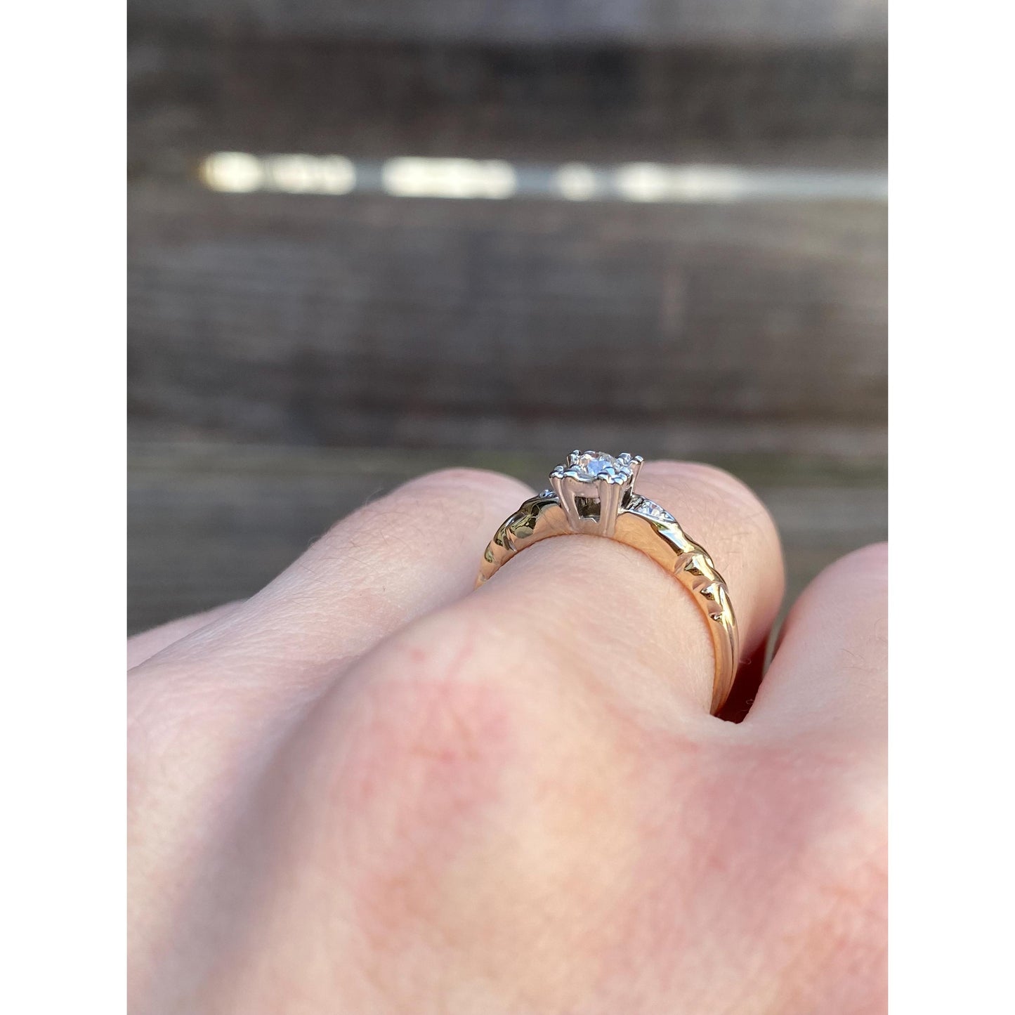 Vintage Solid 14k White & Yellow Gold Diamond Ring - Size 6.25