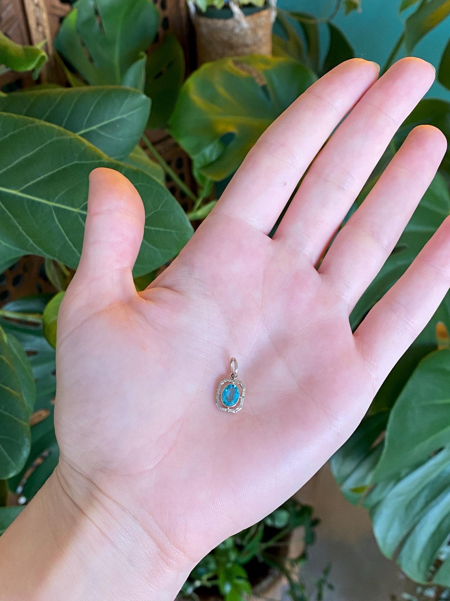 Vintage Solid 14k White & Yellow Gold Light Blue Cubic Zirconia Charm