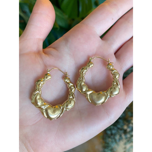 Vintage 14k Yellow Gold Heart Hoop Earrings