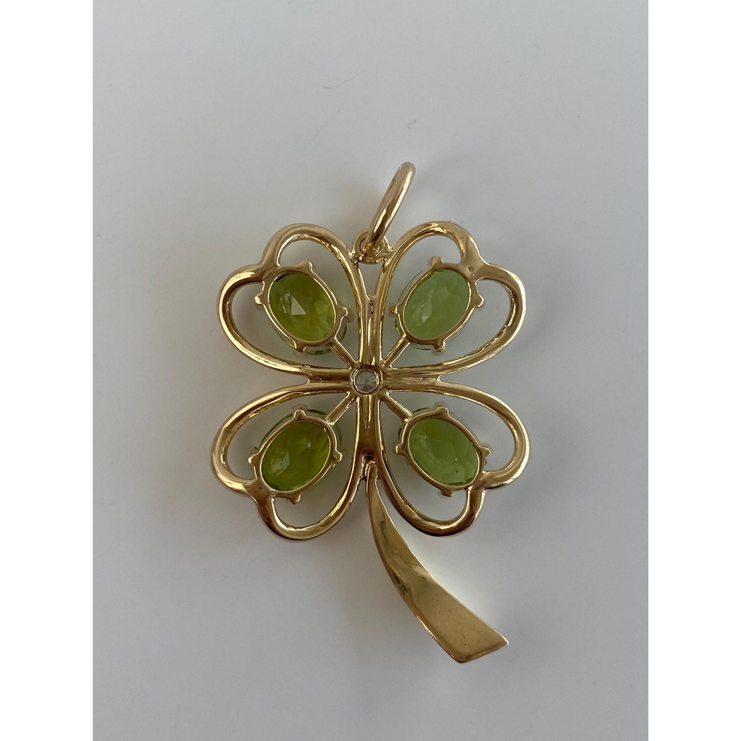 Vintage Solid 14k Yellow Gold Diamond Peridot Four Leaf Clover Charm