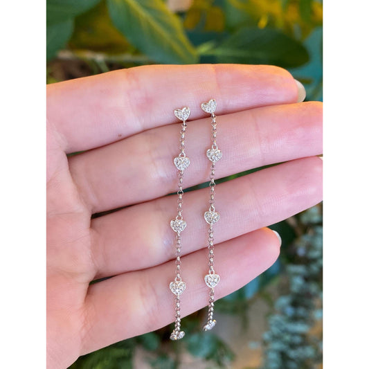 Vintage Solid 14k White Gold Diamond Hearts Rolo Chain Dangle Stud Earrings