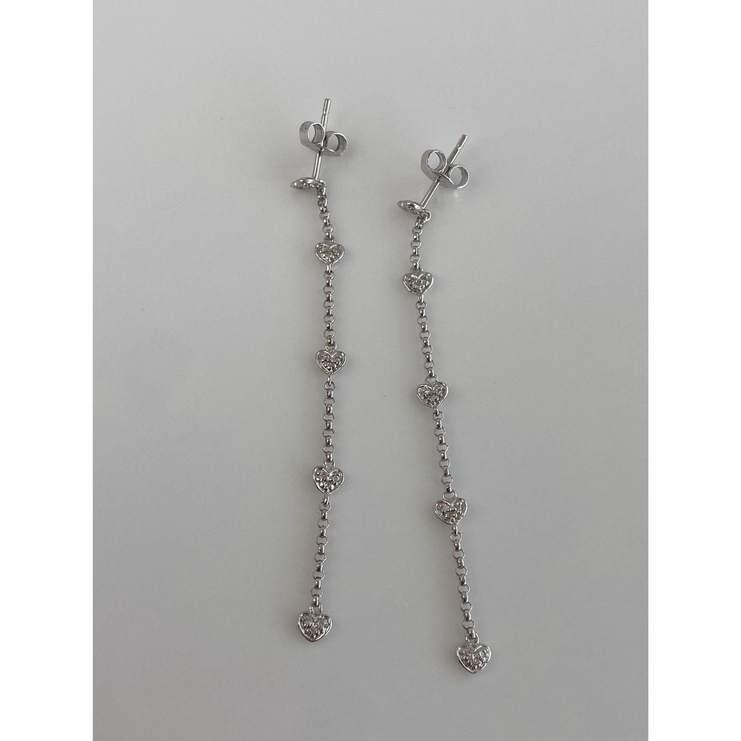 Vintage Solid 14k White Gold Diamond Hearts Rolo Chain Dangle Stud Earrings