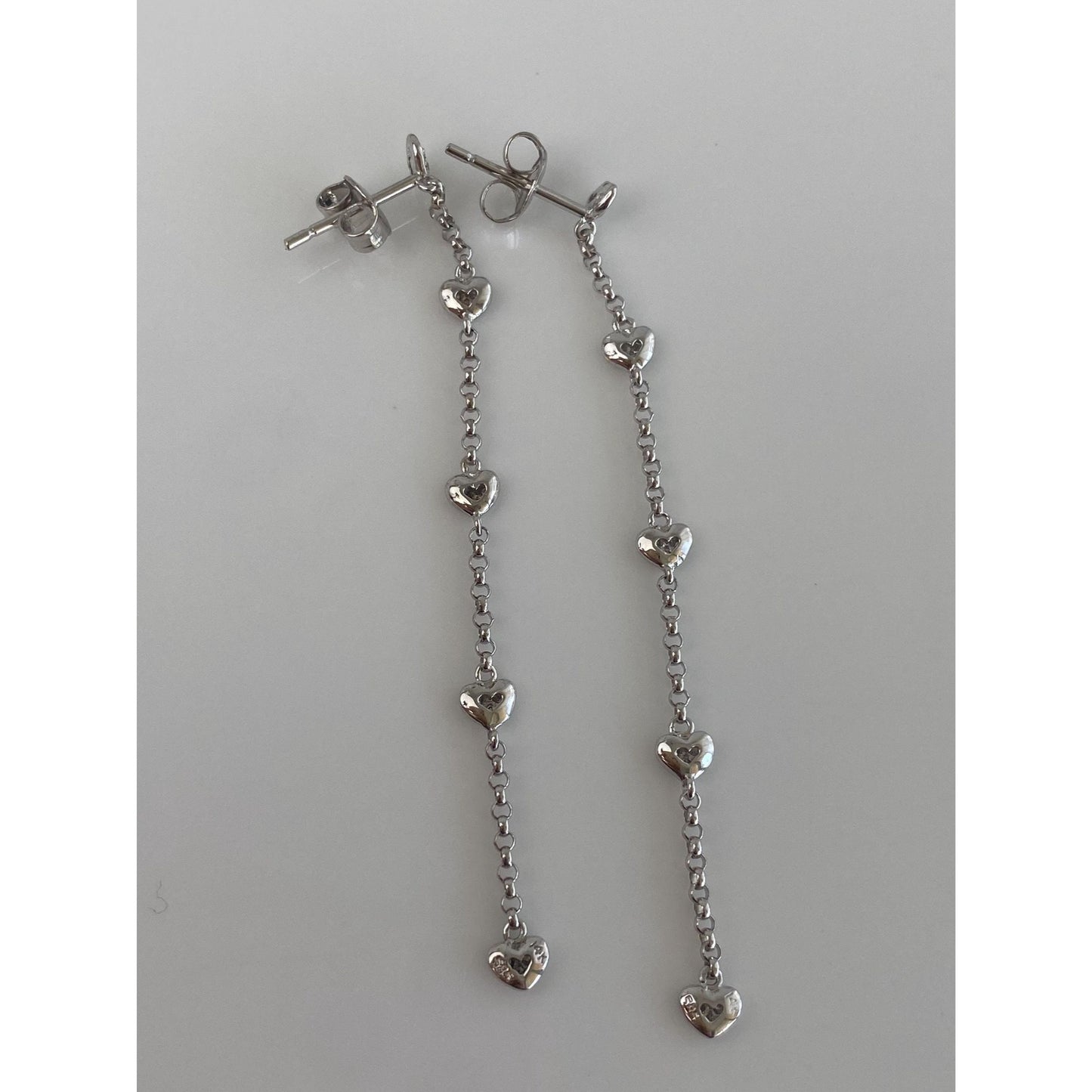 Vintage Solid 14k White Gold Diamond Hearts Rolo Chain Dangle Stud Earrings