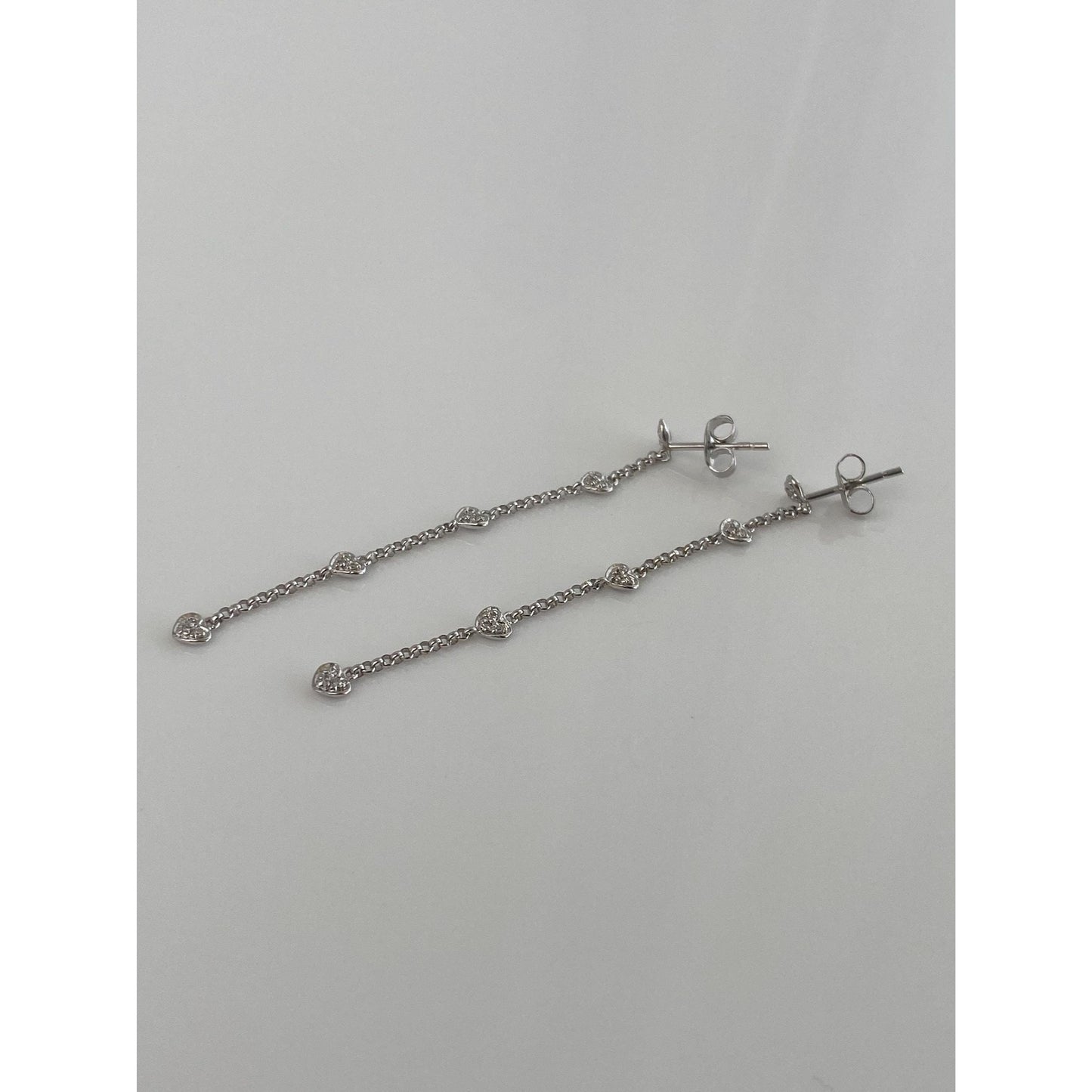 Vintage Solid 14k White Gold Diamond Hearts Rolo Chain Dangle Stud Earrings