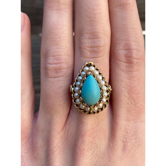 Vintage Solid 14k Yellow Gold Turquoise Pearl Halo Ring - Size 5.5