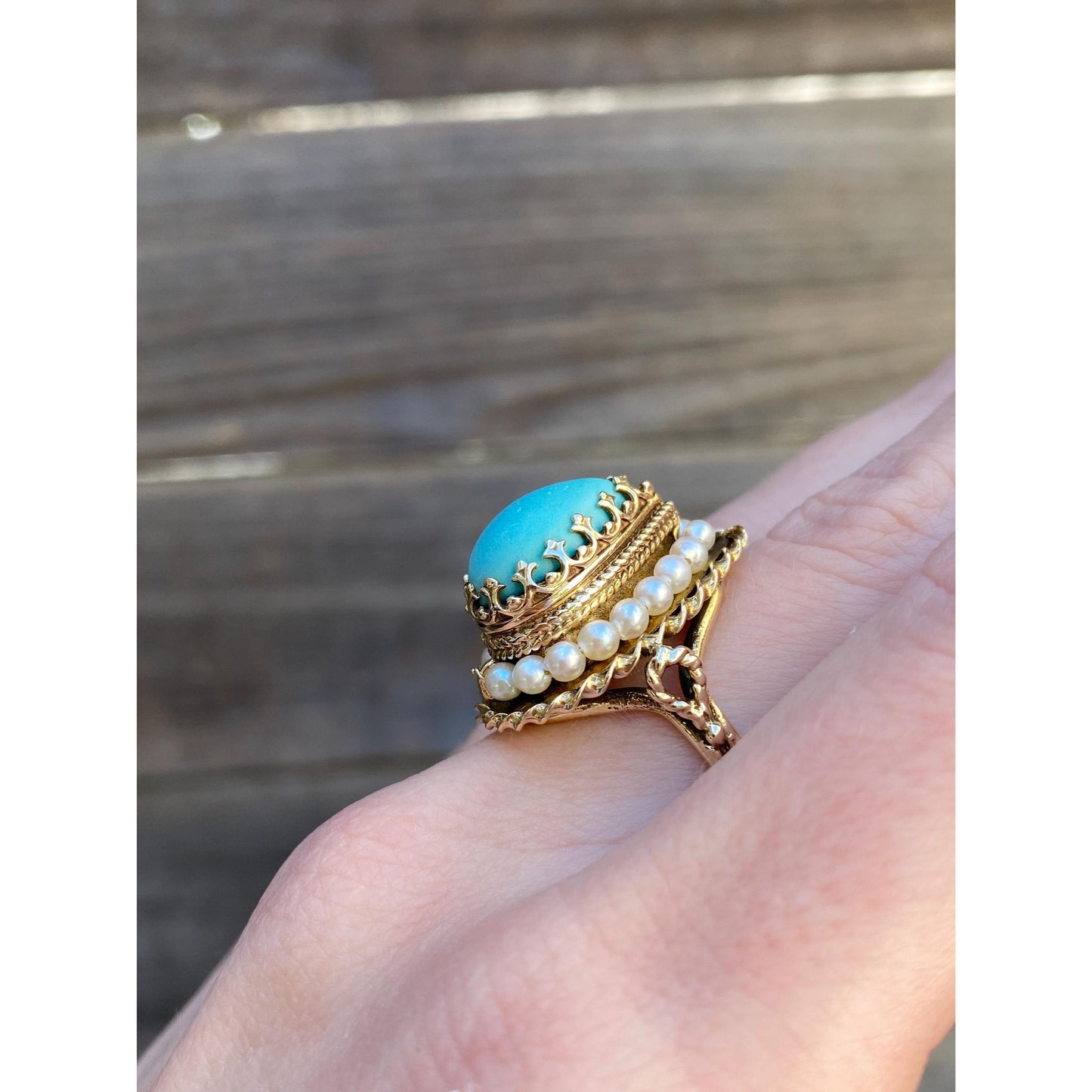 Vintage Solid 14k Yellow Gold Turquoise Pearl Halo Ring - Size 5.5