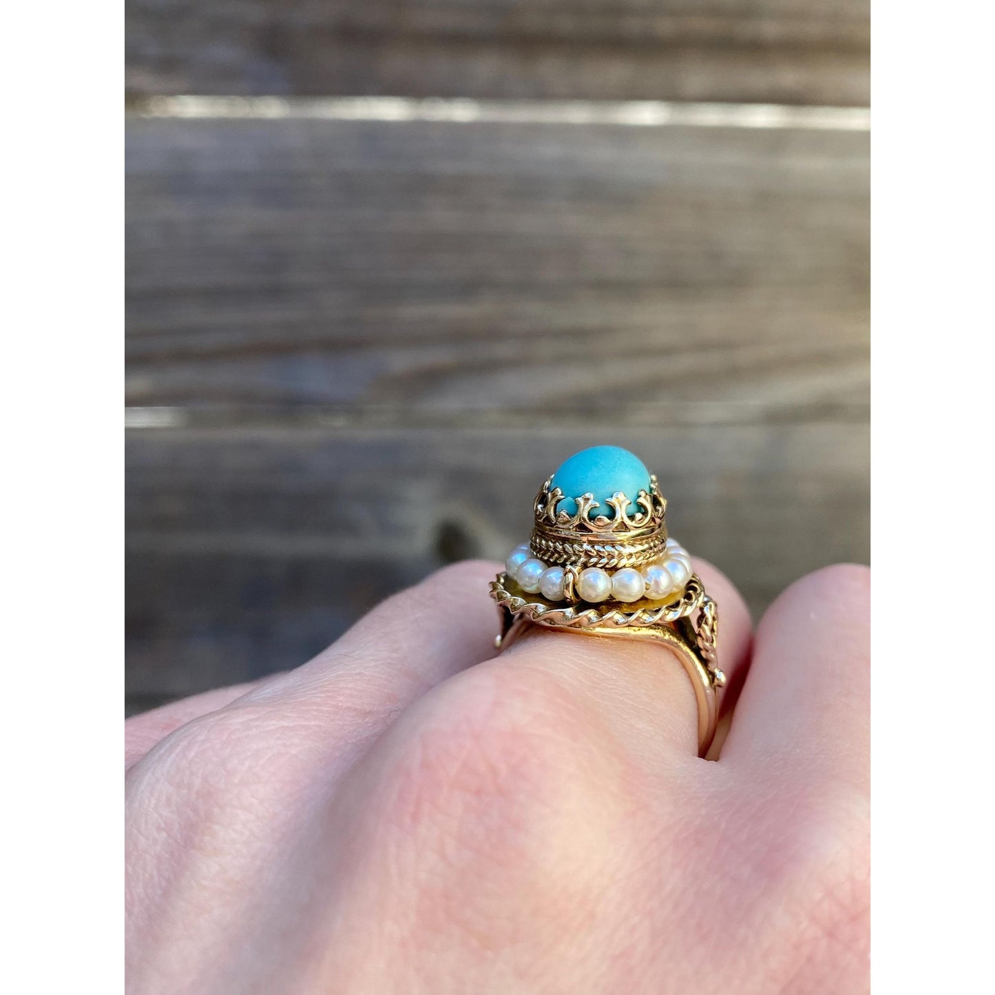 Vintage Solid 14k Yellow Gold Turquoise Pearl Halo Ring - Size 5.5