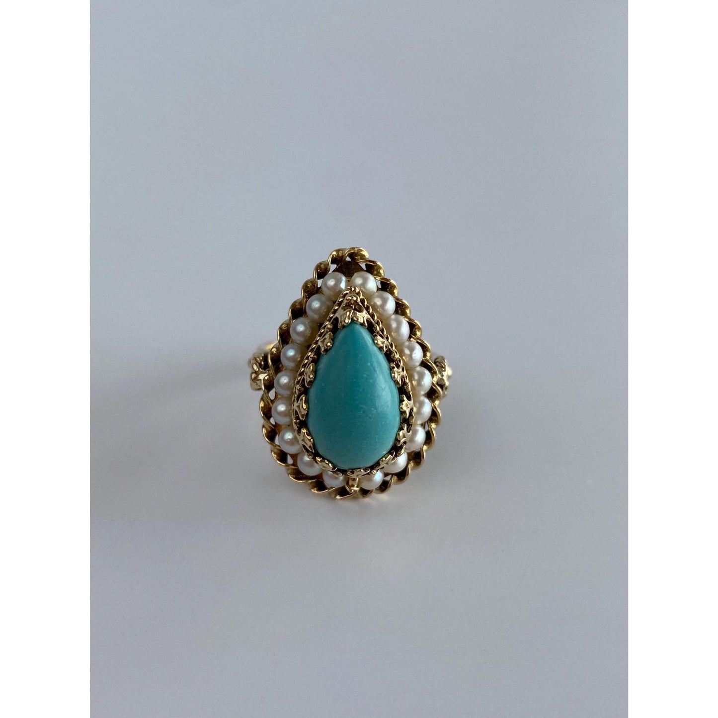 Vintage Solid 14k Yellow Gold Turquoise Pearl Halo Ring - Size 5.5