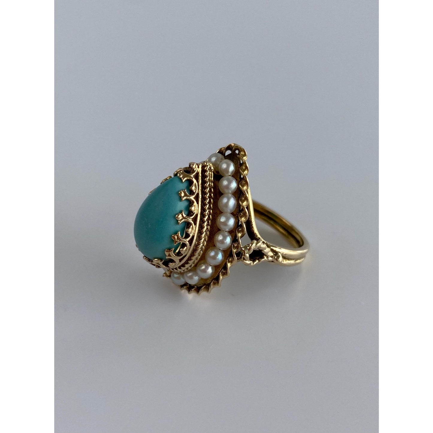 Vintage Solid 14k Yellow Gold Turquoise Pearl Halo Ring - Size 5.5