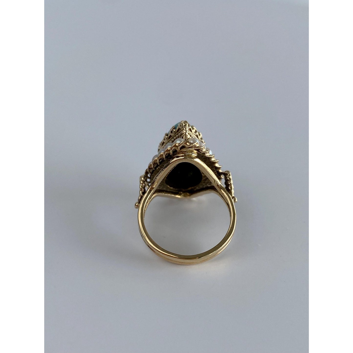 Vintage Solid 14k Yellow Gold Turquoise Pearl Halo Ring - Size 5.5