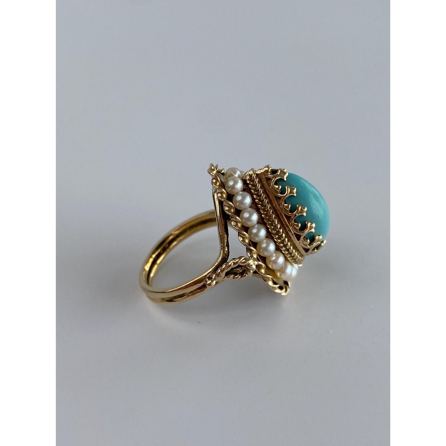 Vintage Solid 14k Yellow Gold Turquoise Pearl Halo Ring - Size 5.5