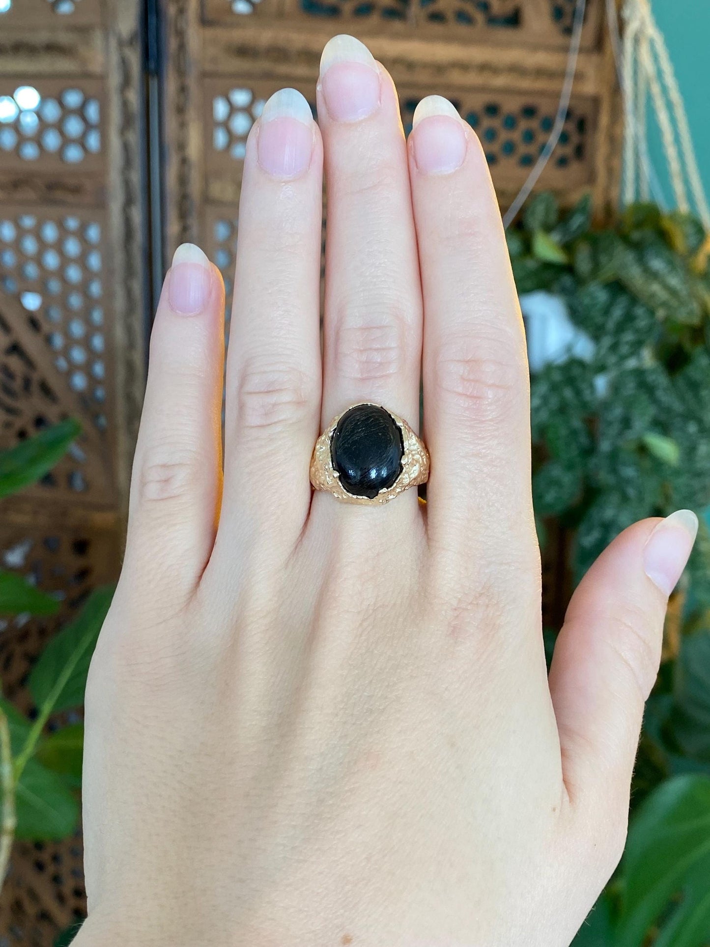 Vintage Solid 14k Yellow Gold Black Stromatolite Signet Ring - Size 8