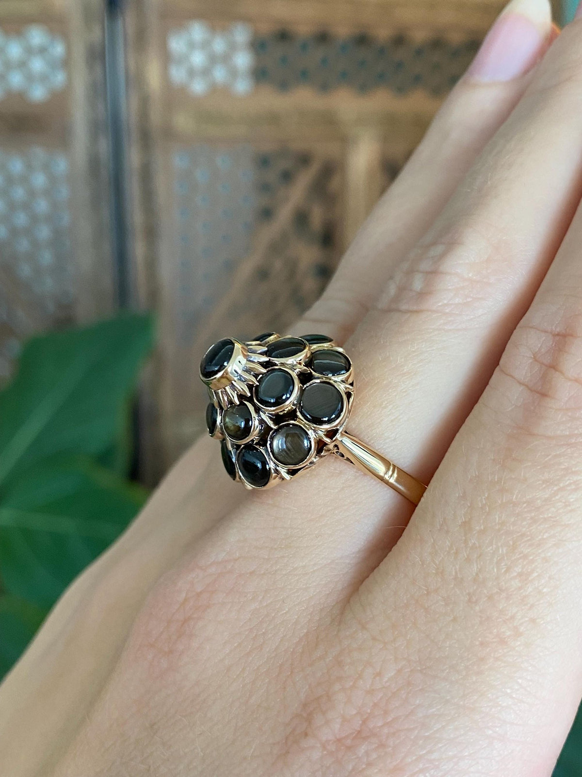 Vintage Solid 14k Yellow Gold Star Sapphire Cluster Ring - Size 7.75